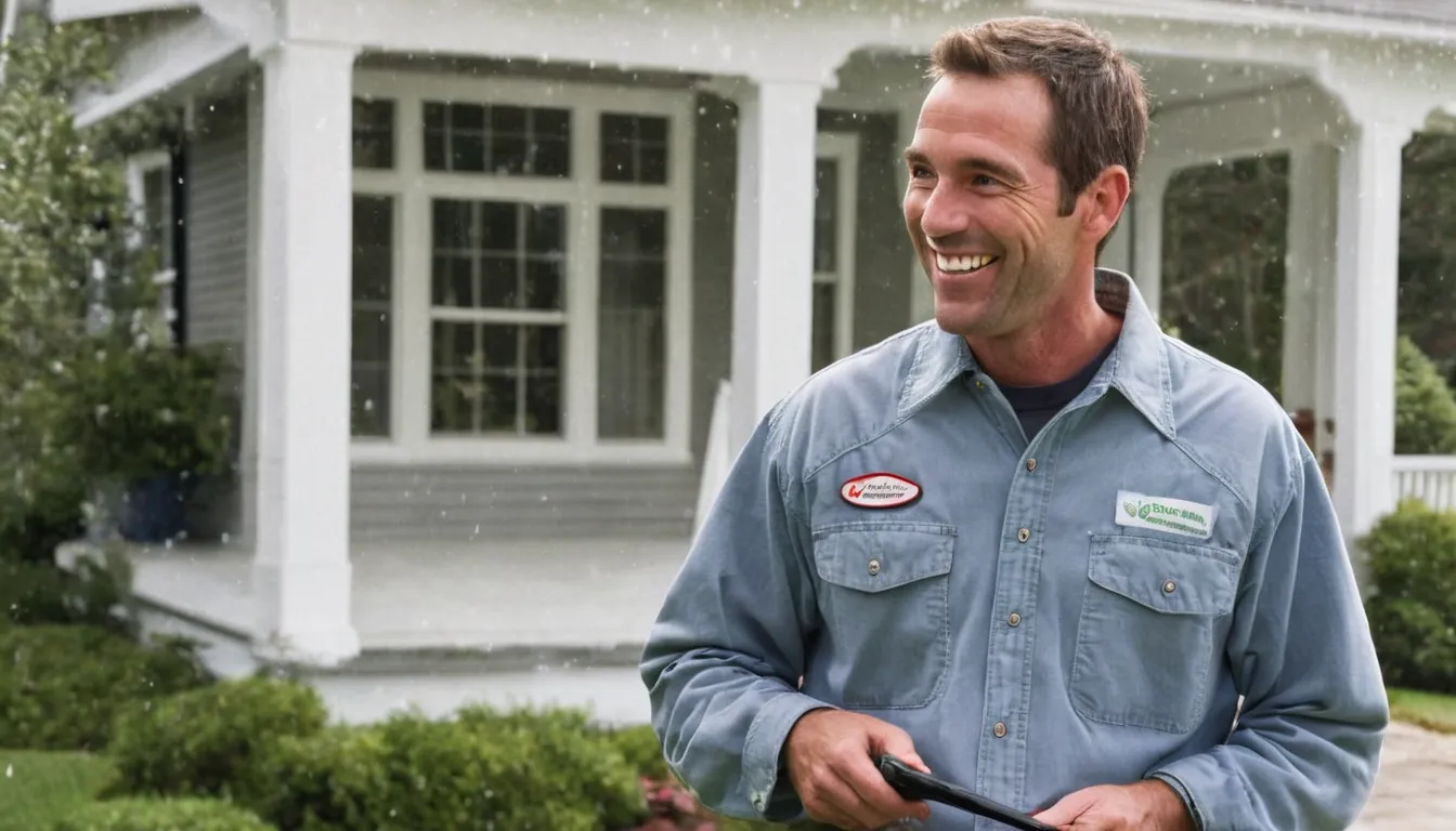 A friendly pest control provider talking with a homeowner at the front door of a house in Agawam Town